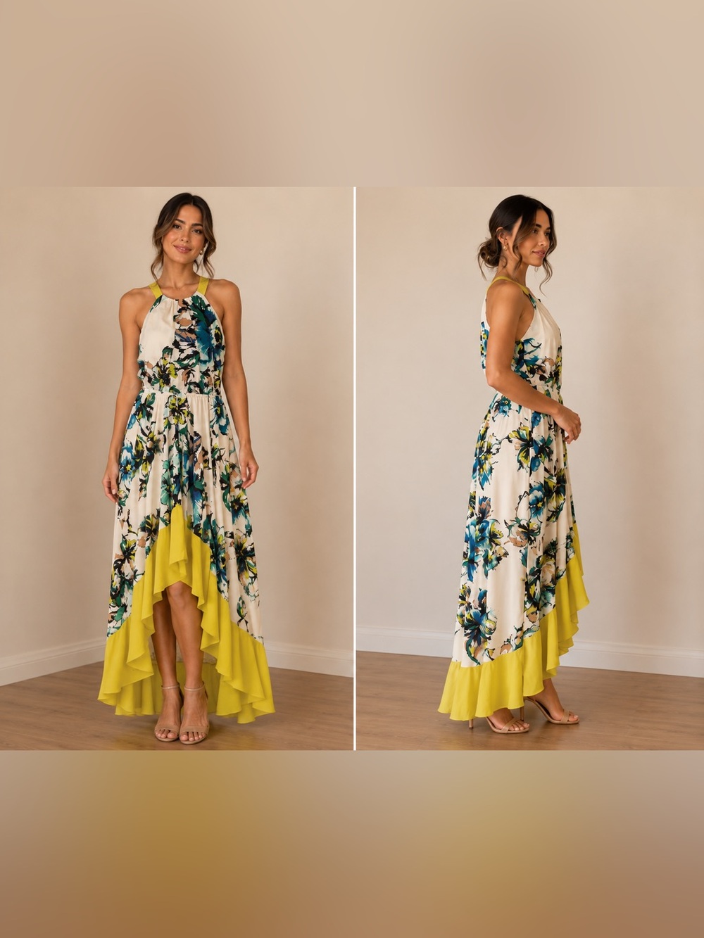 Vince Camuto Cream Floral Halter High-Low Dress with Lime Ruffle
